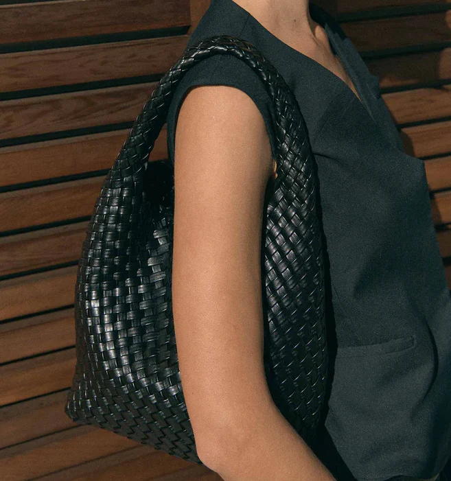 Black Recycled Alt-Leather Woven Small Tote - Image 3