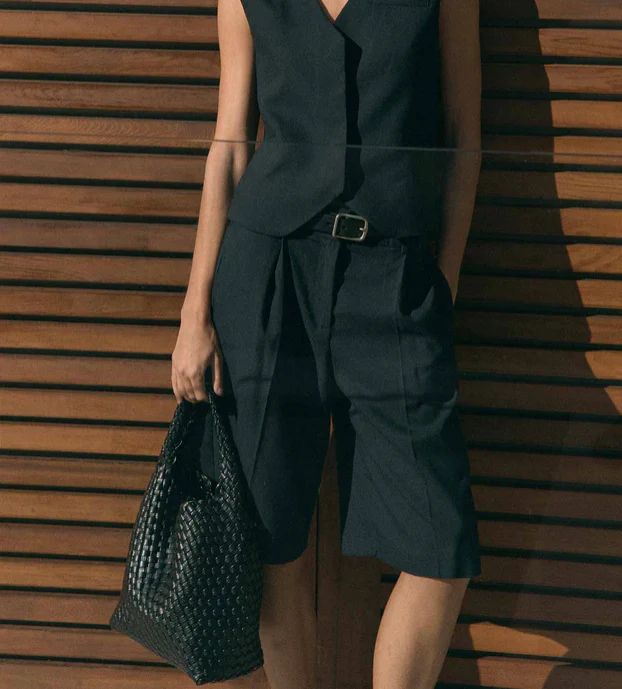 Black Recycled Alt-Leather Woven Small Tote - Image 4
