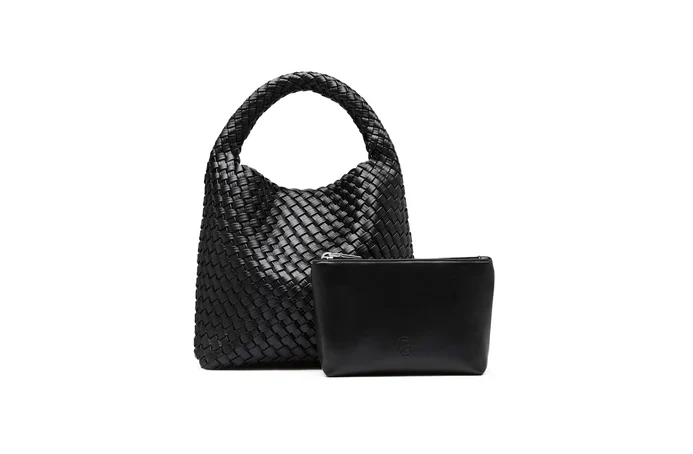 Black Recycled Alt-Leather Woven Small Tote - Image 5