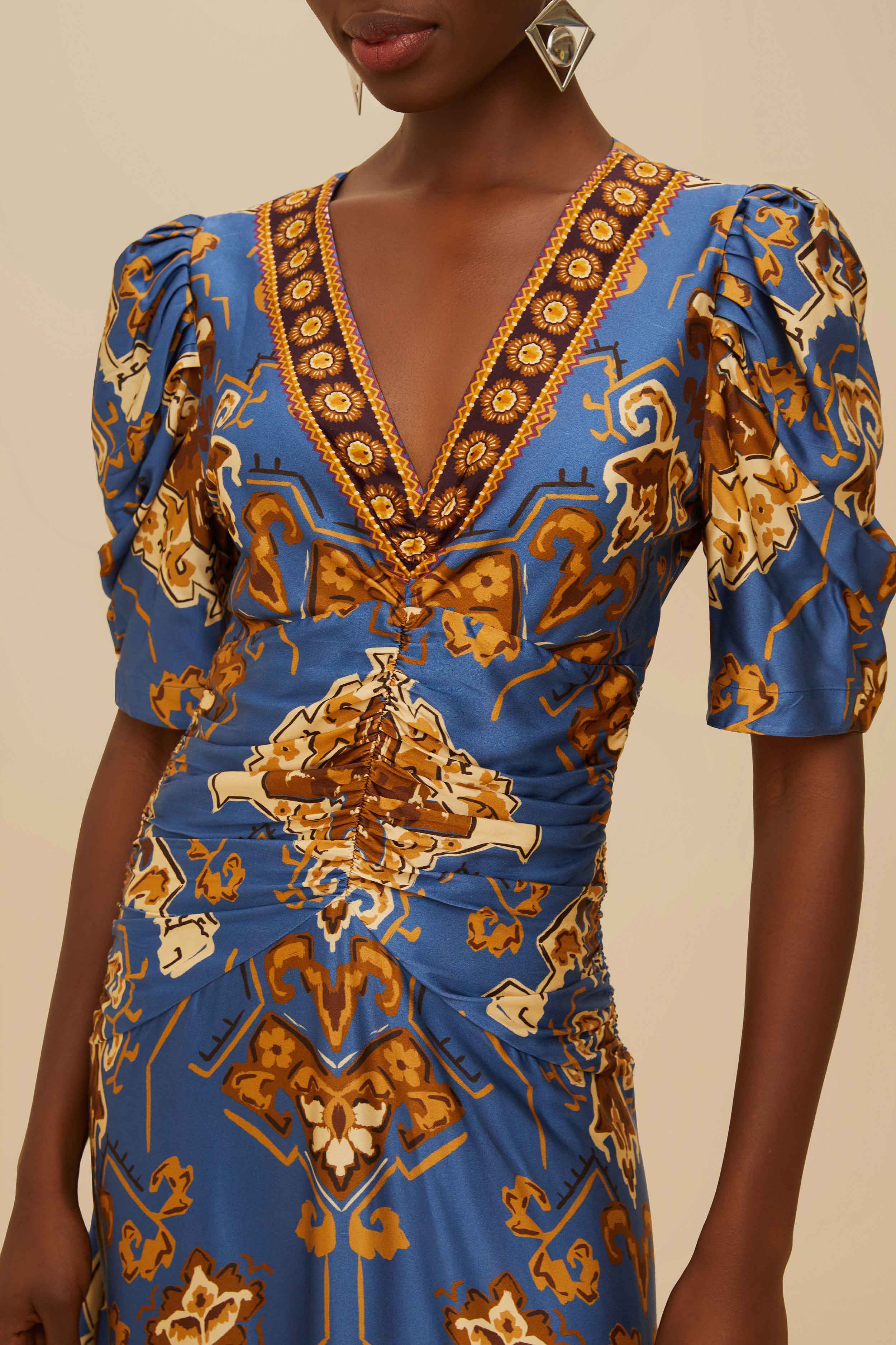 Ornament Floral Blue Midi Dress - Image 3